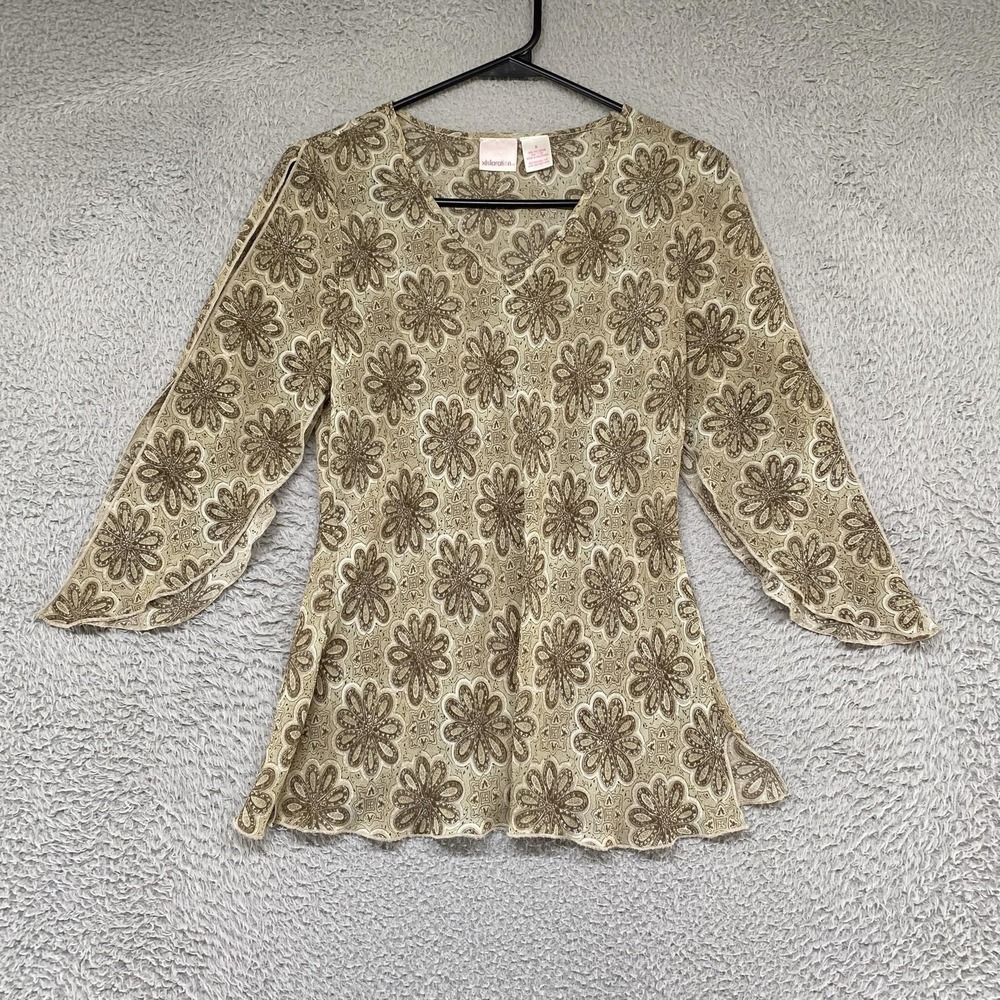 Y2K Fairy Top Womens Small Brown Floral Slit Sleeve Boho Ruffle Lettuce Hem